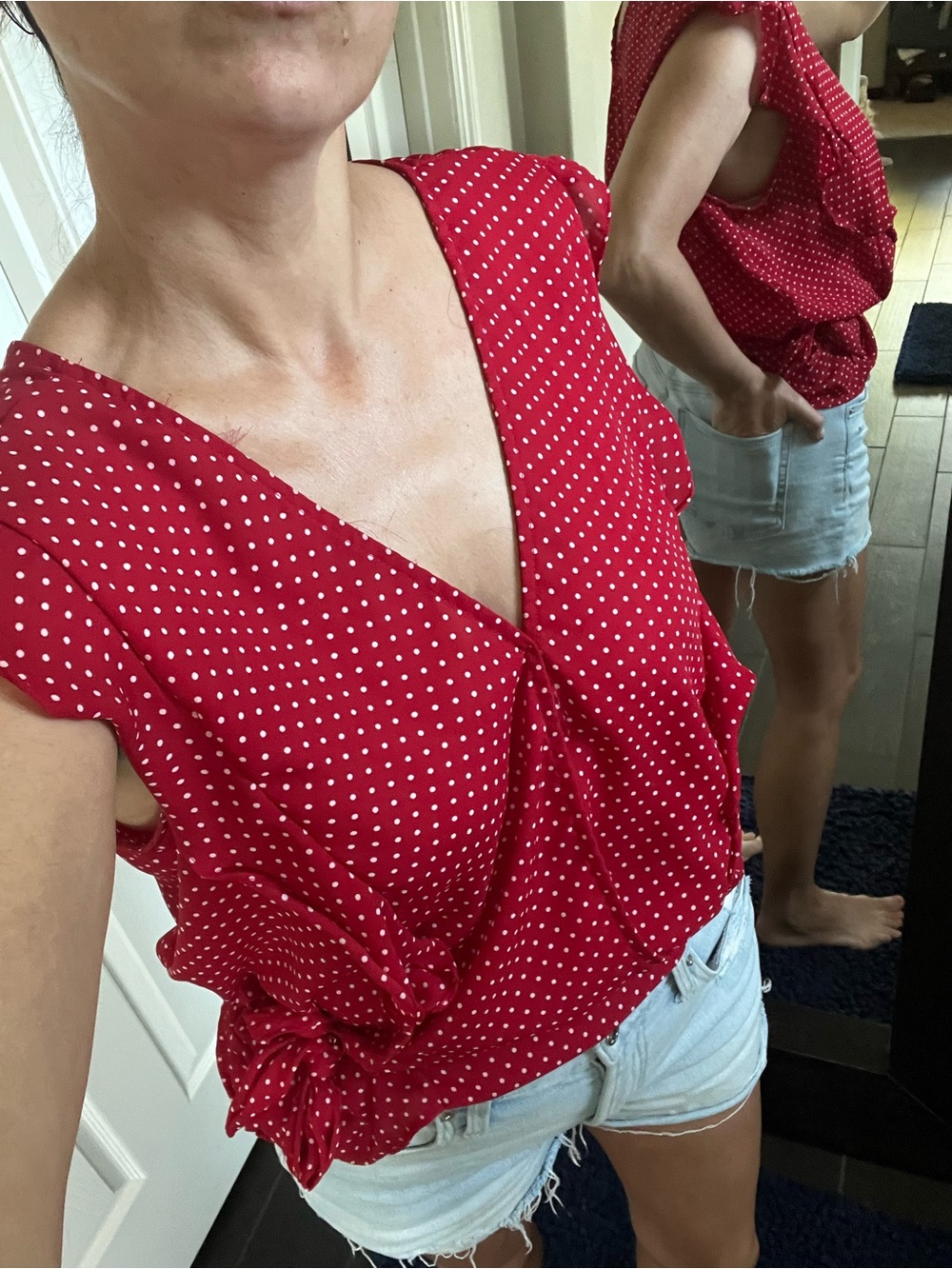 Maurices Red Polka Dot Wrap-Style V-Neck Blouse